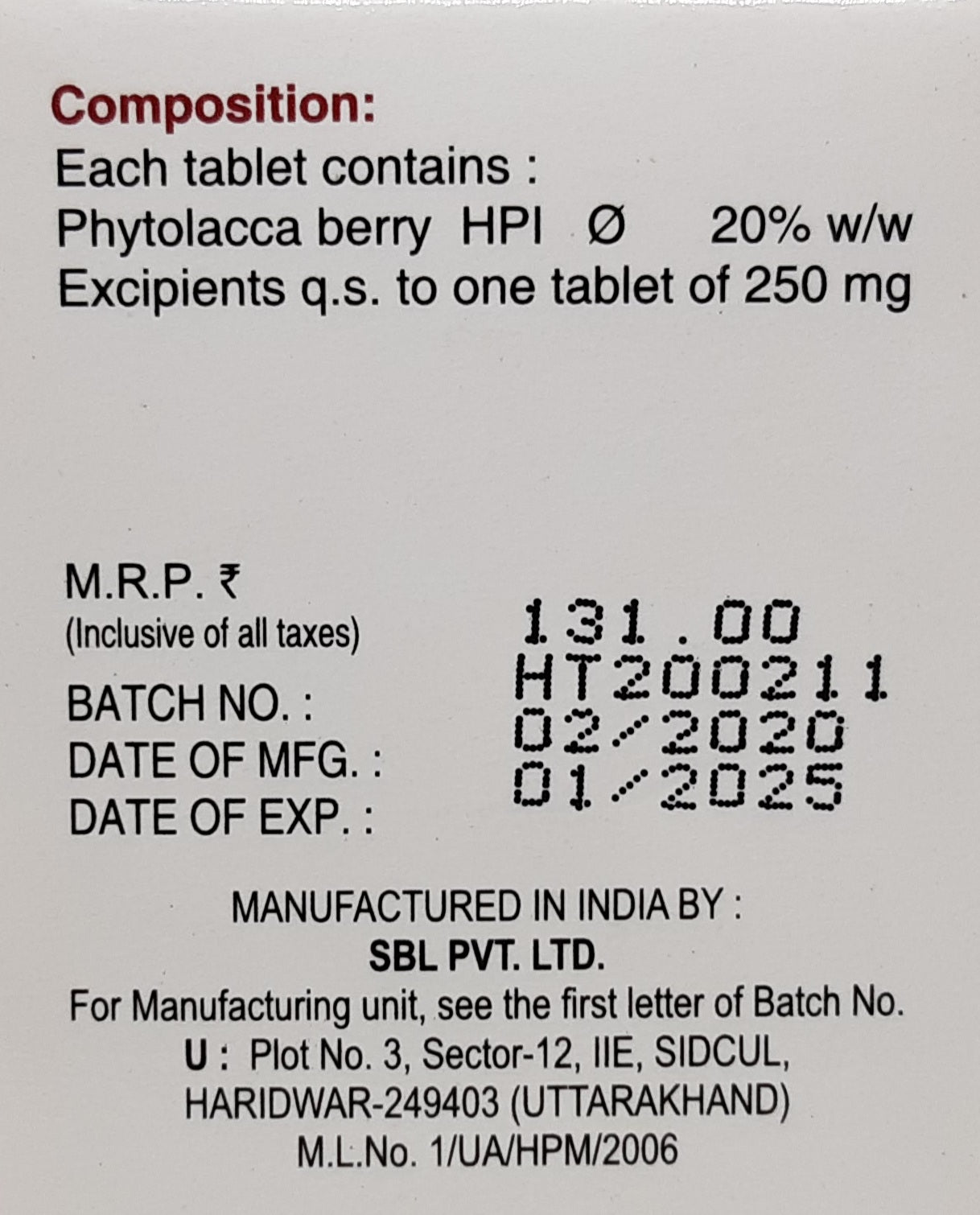 SBL Phytolacca Berry Tablets - SBL- The Homoeopathy Store